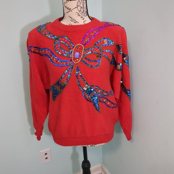 Western Connection Womens Vintage Sweater medium Red Sequins bow Beaded - Picture 1 of 6